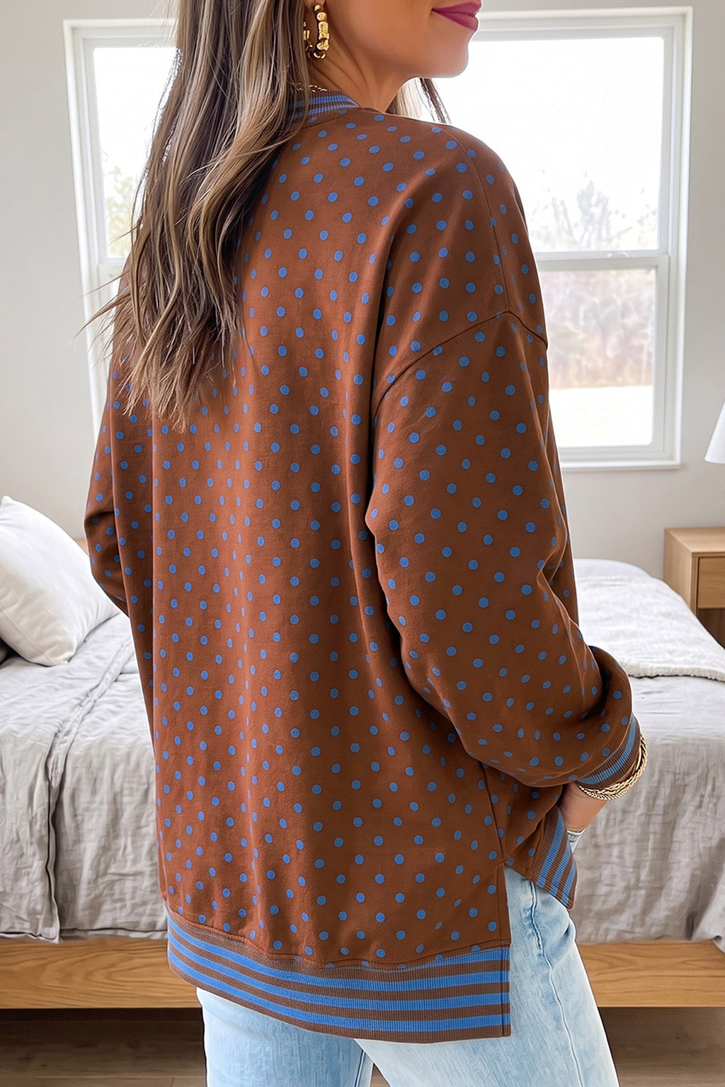 Brown Polka Dot Striped Trim Split Hem Casual Tunic Pullover Sweatshirt PREORDER ETA 3 WEEKS