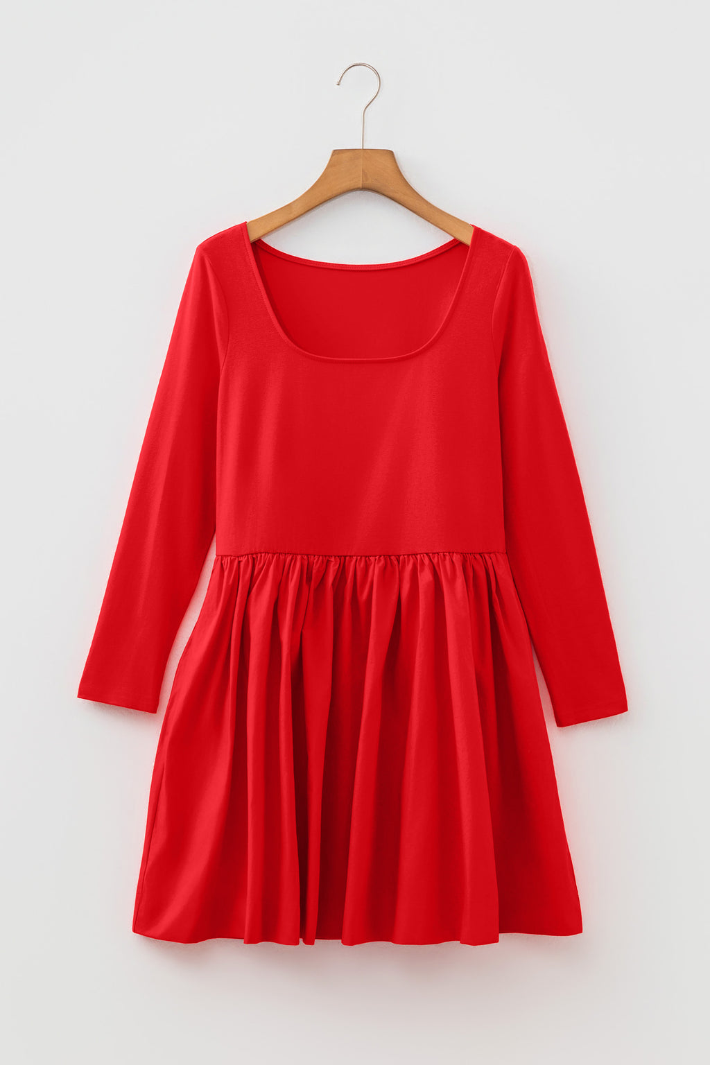 Fiery Red U Neck Long Sleeve Fit and Flare Short Dress PREORDER ETA 3 WEEKS