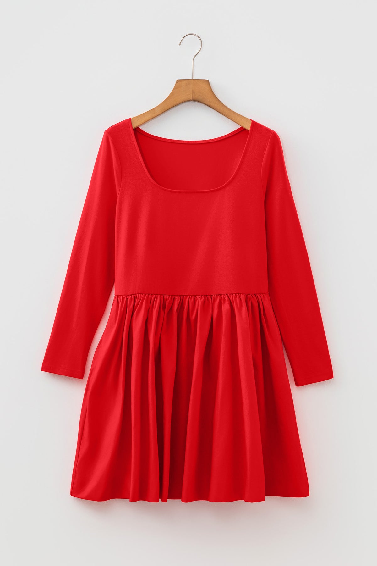 Fiery Red U Neck Long Sleeve Fit and Flare Short Dress PREORDER ETA 3 WEEKS