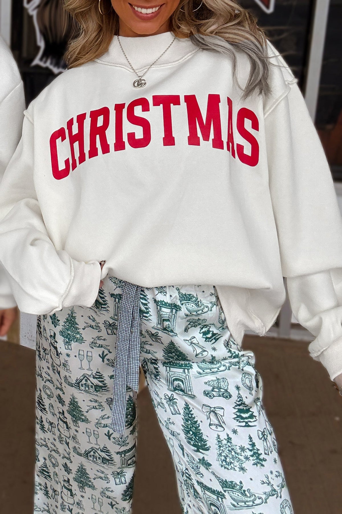 White MERRY/CHRISTMAS Reversible Print Mock Neck Baggy Pullover Sweatshirt PREORDER ETA 3 WEEKS