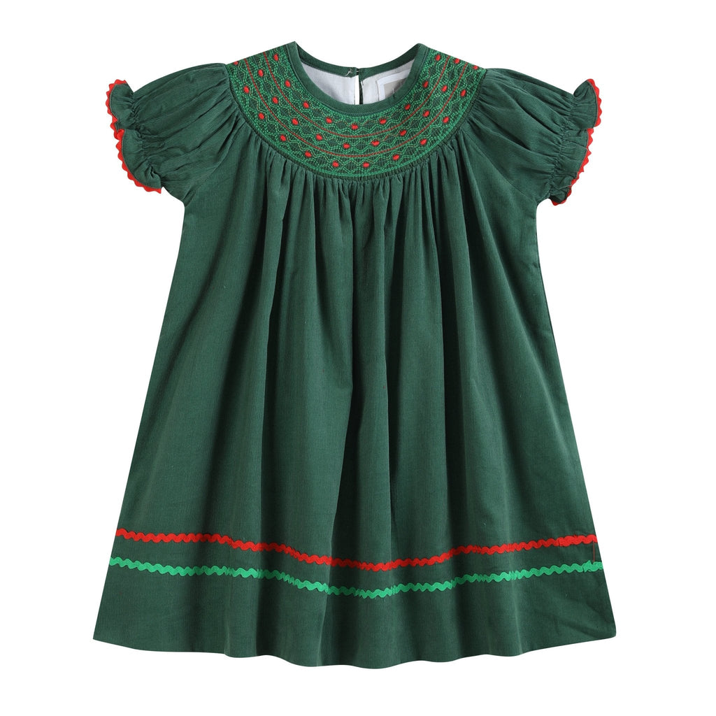 Green Corduroy Smocked Bishop Dress