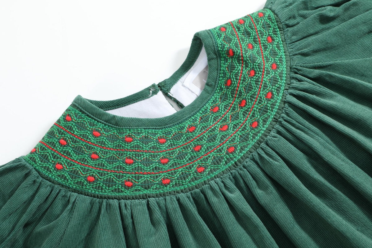 Green Corduroy Smocked Bishop Dress