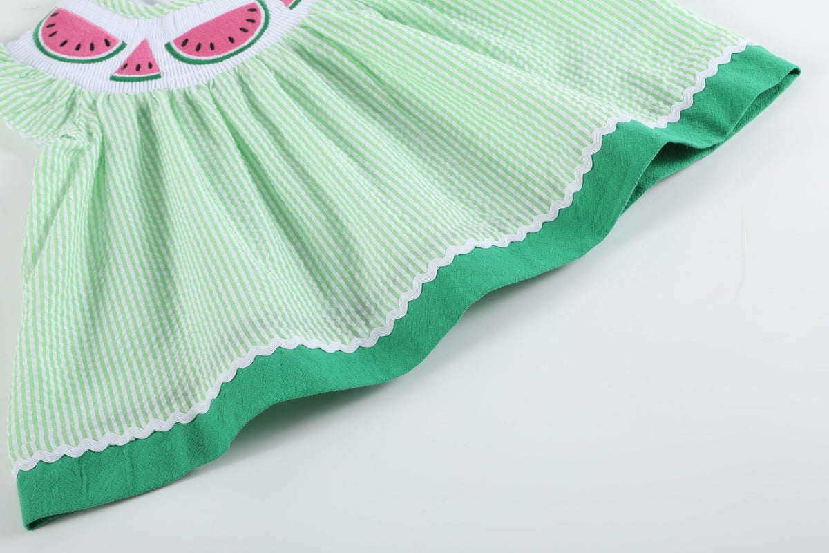 Green & White Stripe Watermelon Smocked Angel-Sleeve Dress & Bloomers