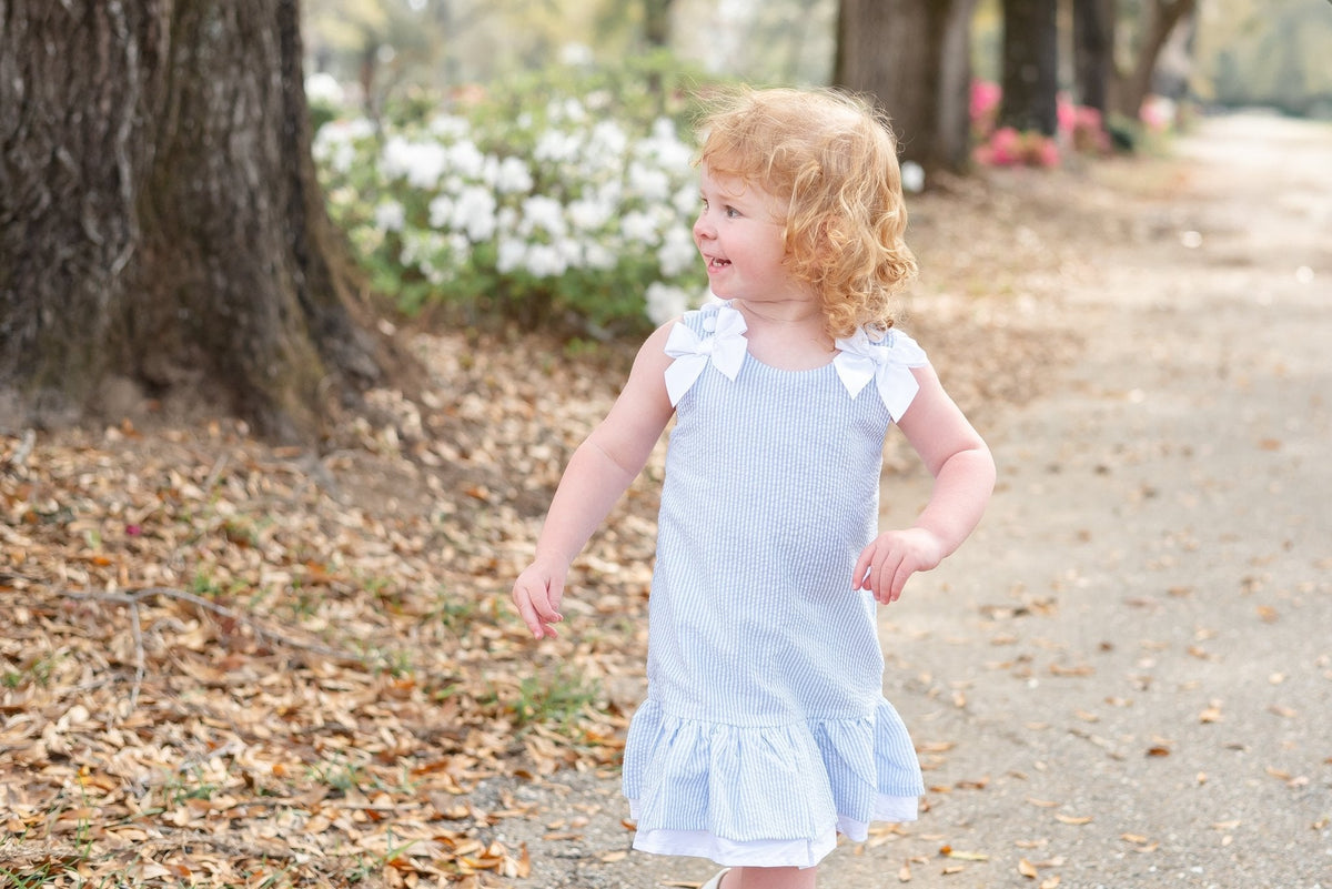 Light Blue Seersucker Ruffle Dress