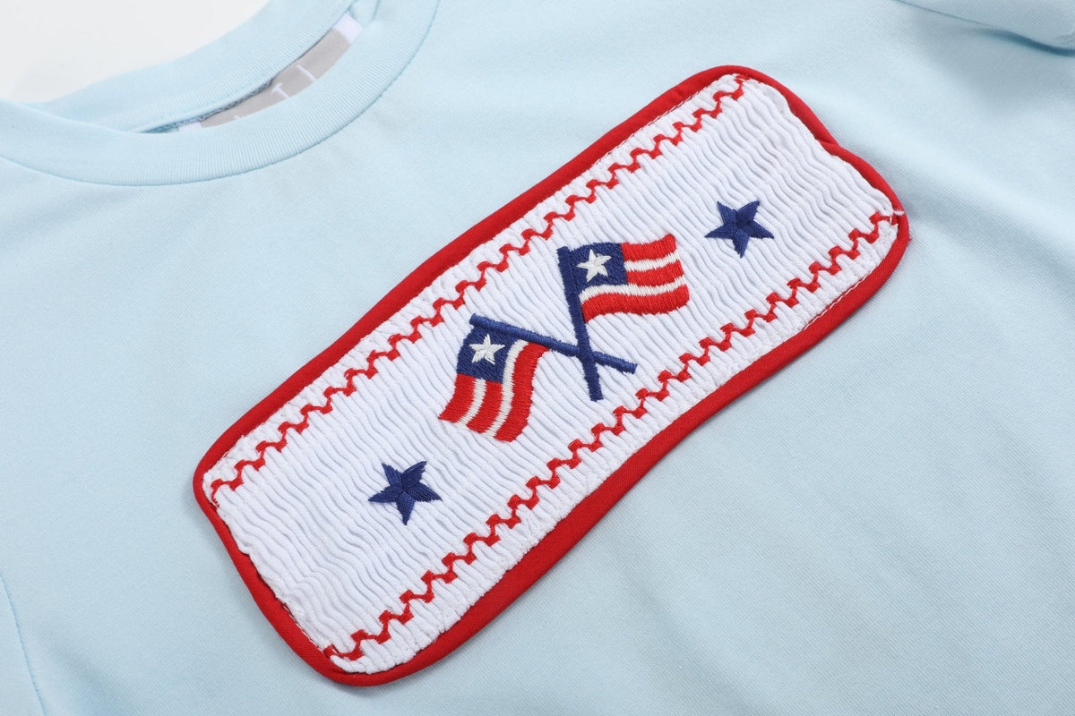 Light Blue USA Flag Smocked T-Shirt and Shorts Set
