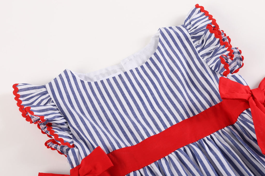 Navy Blue Stripe and Red Ruffle Bow Dress