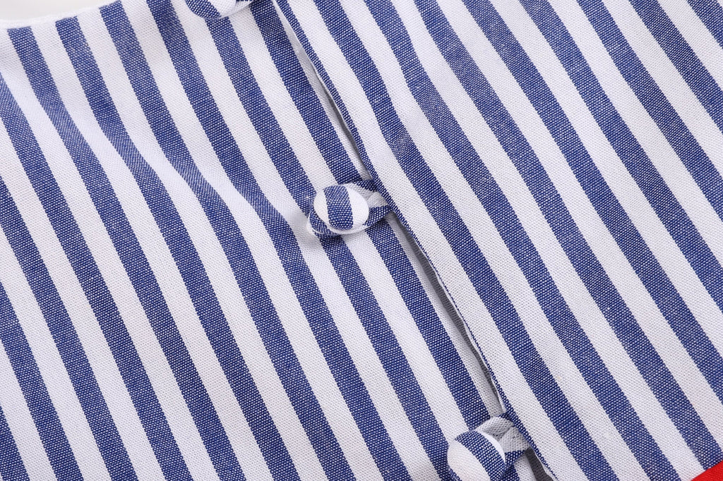 Navy Blue Stripe and Red Ruffle Bow Dress
