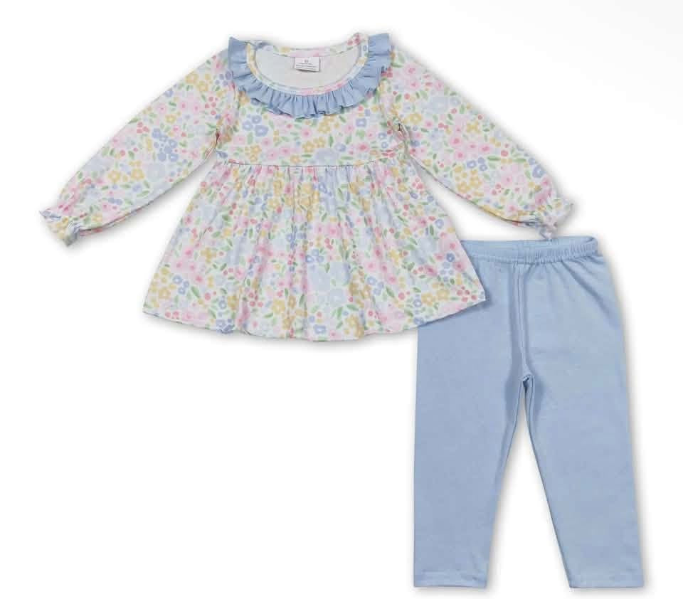 Pastel floral ruffle top and light blue leggings girls set