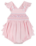 Pink and White bows Smocked Ruffle Bubble Romper