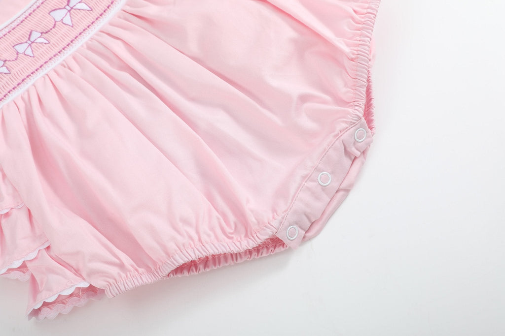Pink and White bows Smocked Ruffle Bubble Romper