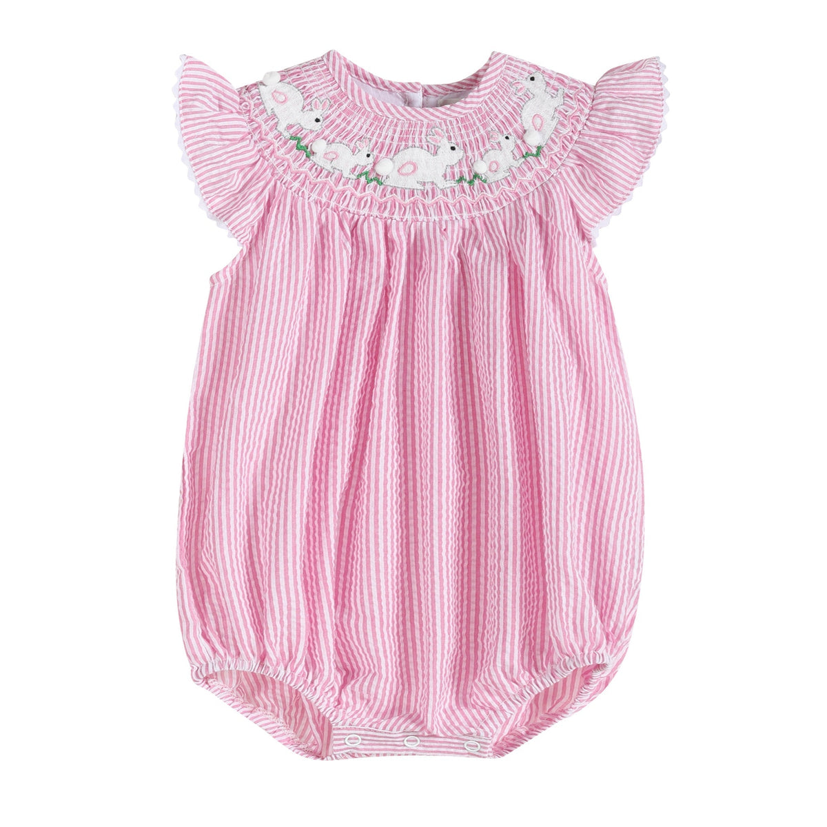 Pink Seersucker Running Bunnies Smocked Flutter Bubble Romper