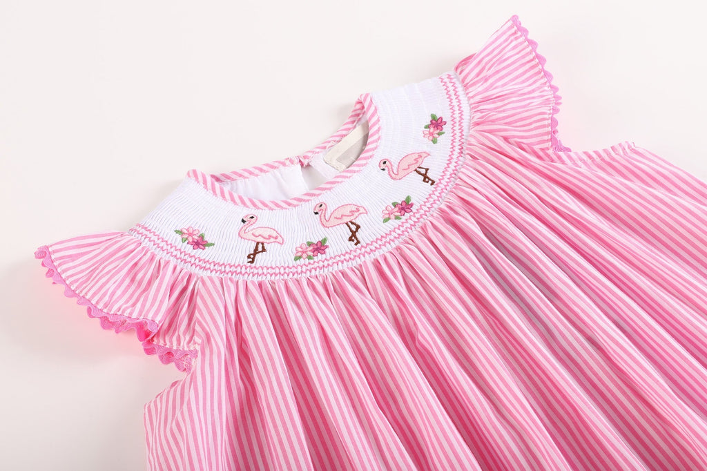 Pink Striped Flamingo Smocked Bishop Dress