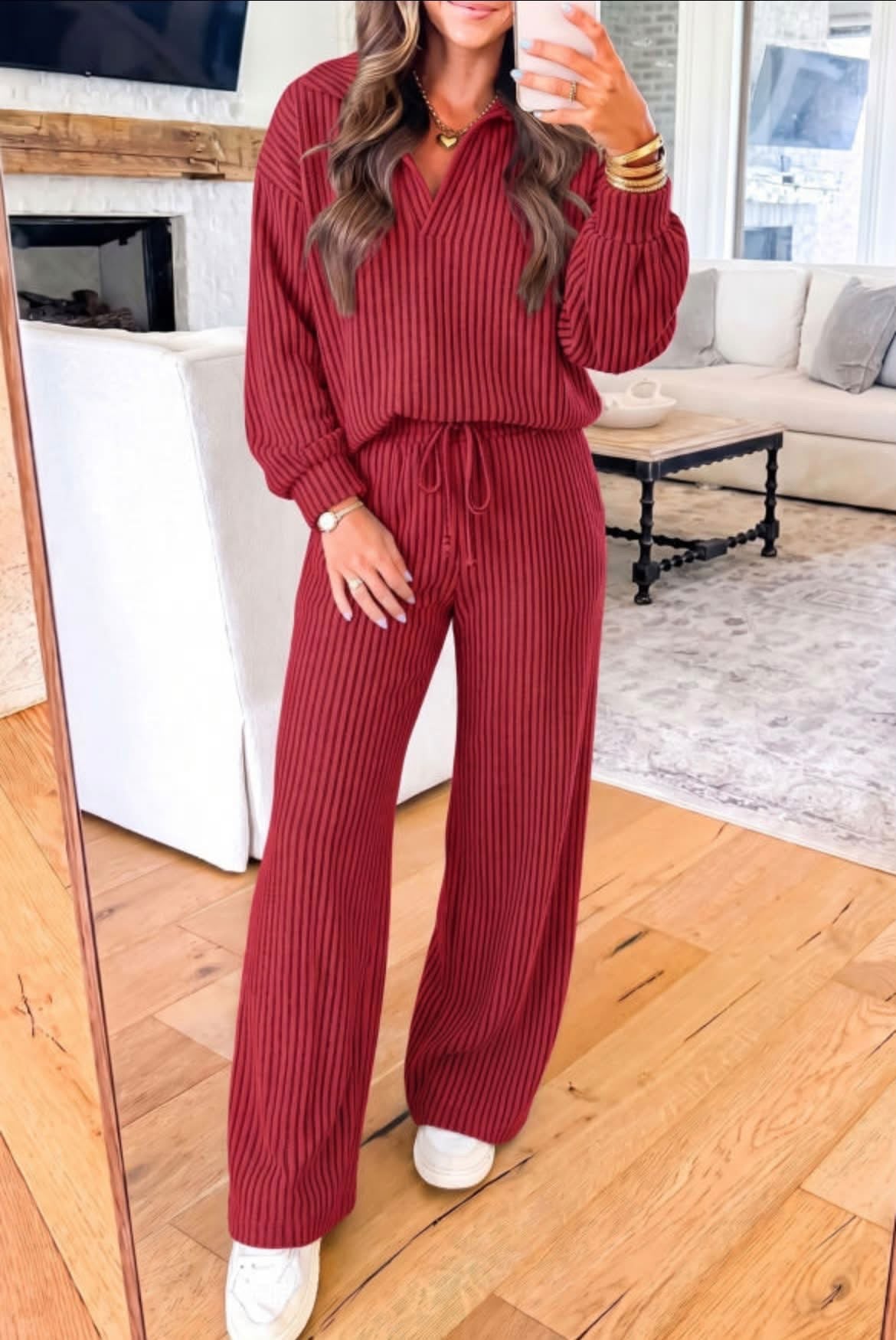 Racing red ribbed two piece pants set