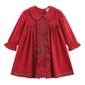 Red Corduroy Ruffle Dress with Christmas Trees