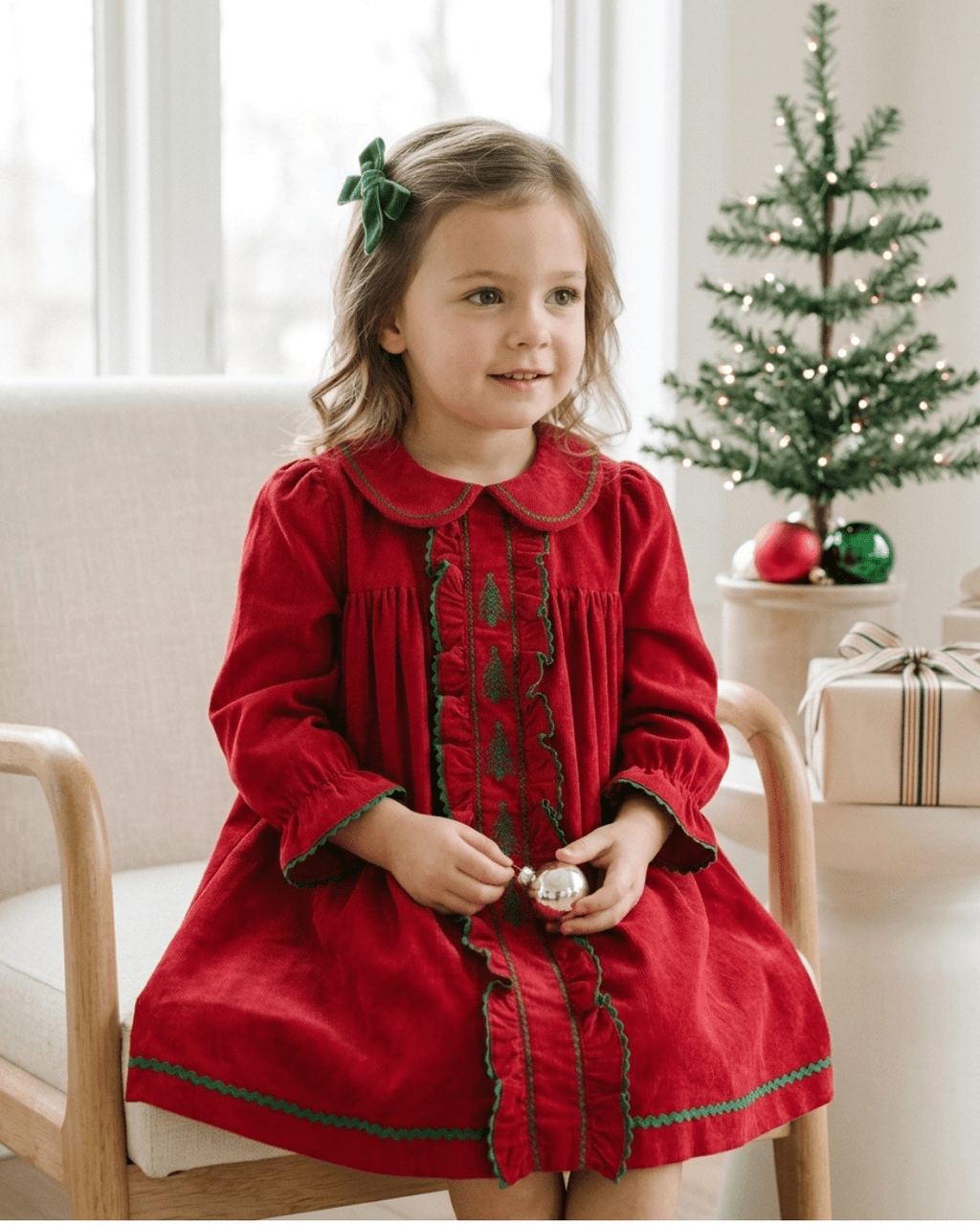Red Corduroy Ruffle Dress with Christmas Trees