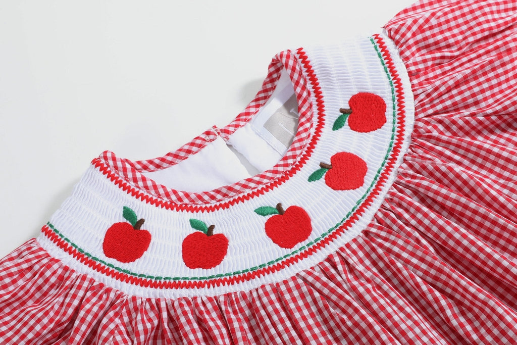 Red Gingham Apple Smocked Bishop Dress
