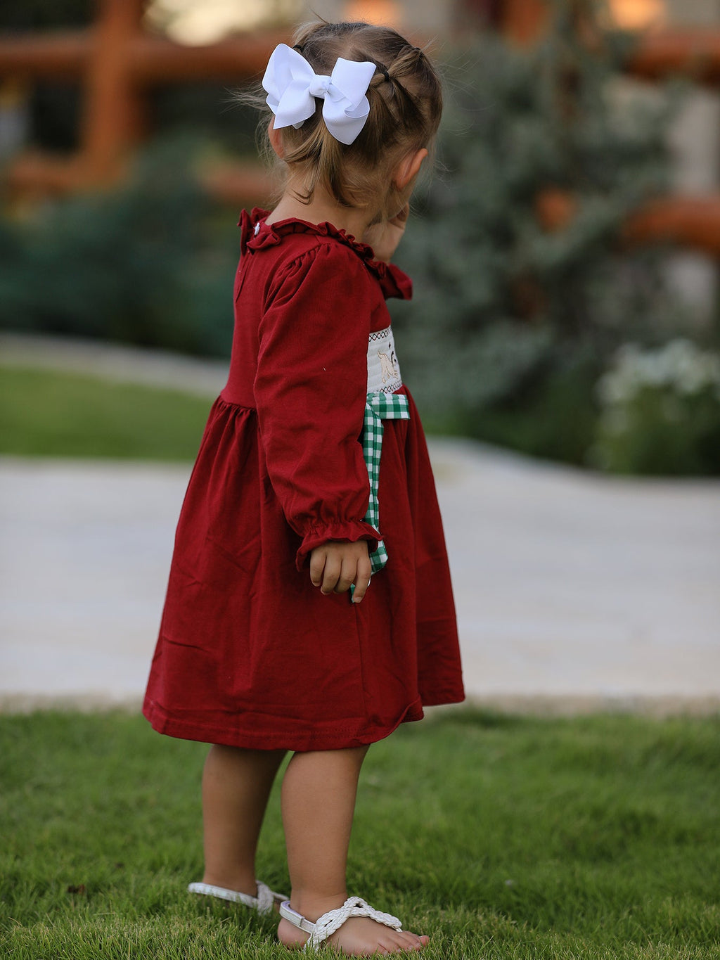 Christmas Smocking Embroidered Girls Dress with Green Plaid Bow