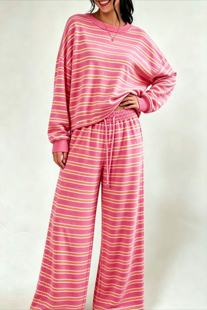 Stripe Back Cutout Long Sleeve Top & Wide Leg Pants Set