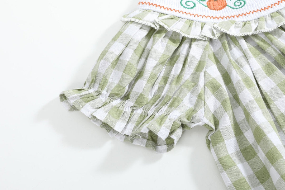 Sage Green Gingham Pumpkin Smocked Bishop Dress