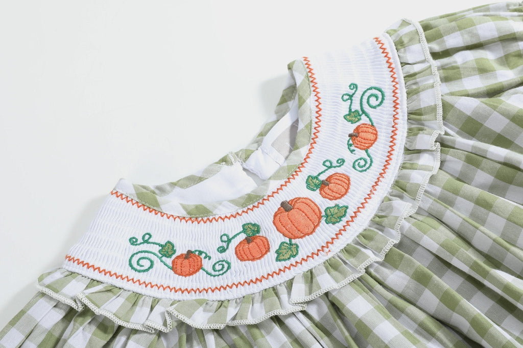 Sage Green Gingham Pumpkin Smocked Bishop Dress