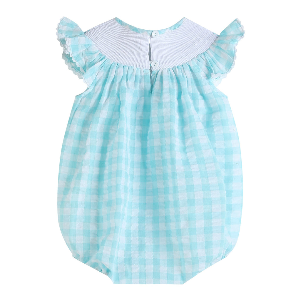 Turquoise Gingham Whale Smocked Flutter Bubble Romper