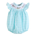 Turquoise Gingham Whale Smocked Flutter Bubble Romper