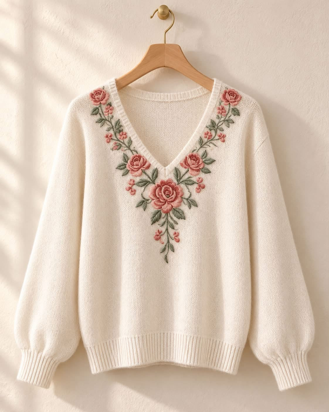 Ivory floral rose embellished V neck sweater