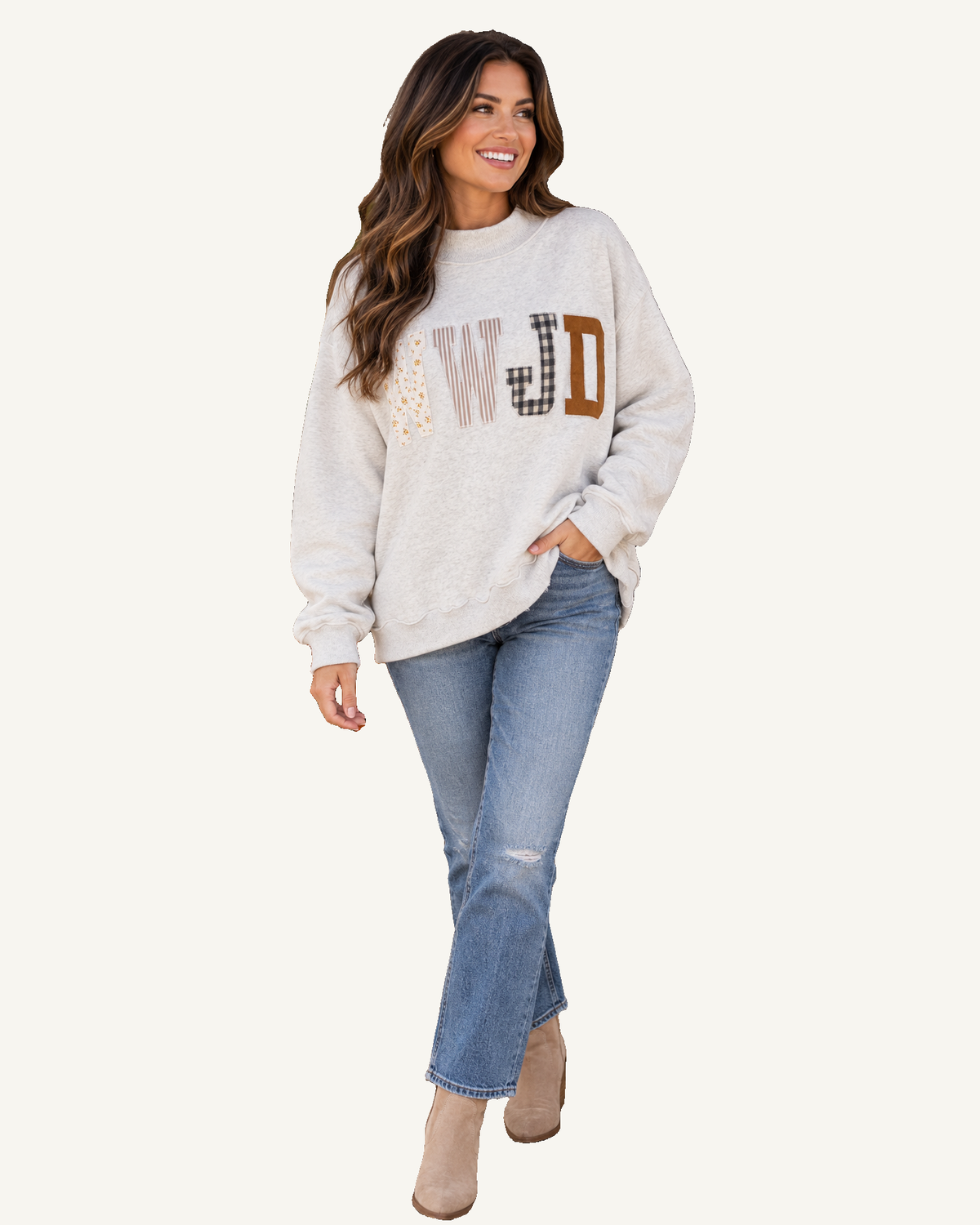 Gray WWJD Mixed Pattern Embroidered Patch Graphic Mock Neck Sweatshirt PREORDER ETA 3 WEEKS — ivory studio background