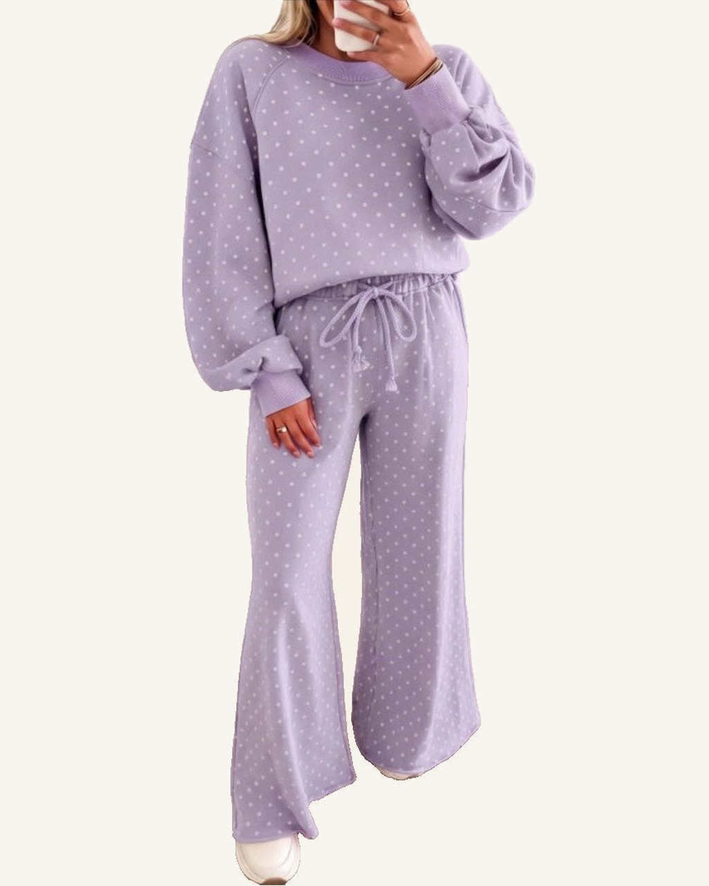 Purple Polka Dot Drawstring Wide Leg Long Sleeve Top Pant Set PREORDER ETA 3 WEEKS — ivory studio background
