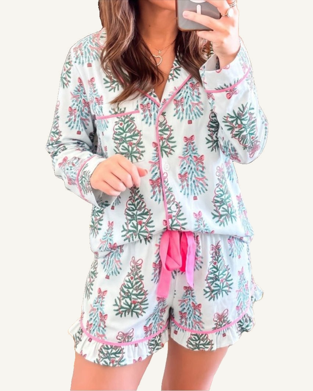 White Christmas Tree Print Button Long Sleeve Shorts Pajama Set PREORDER ETA 3 WEEKS — ivory studio background
