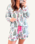 White Christmas Tree Print Button Long Sleeve Shorts Pajama Set PREORDER ETA 3 WEEKS — ivory studio background