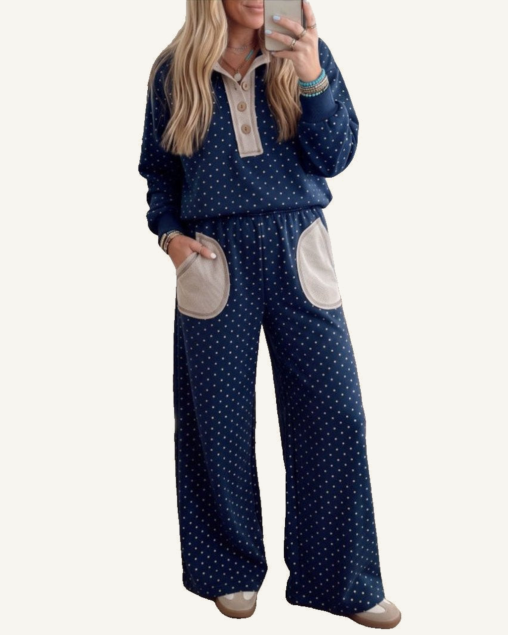 Blue Polka Dot Print Exposed Seam Patchwork 2pcs Pullover and Pants Set PREORDER ETA 3 WEEKS — ivory studio background