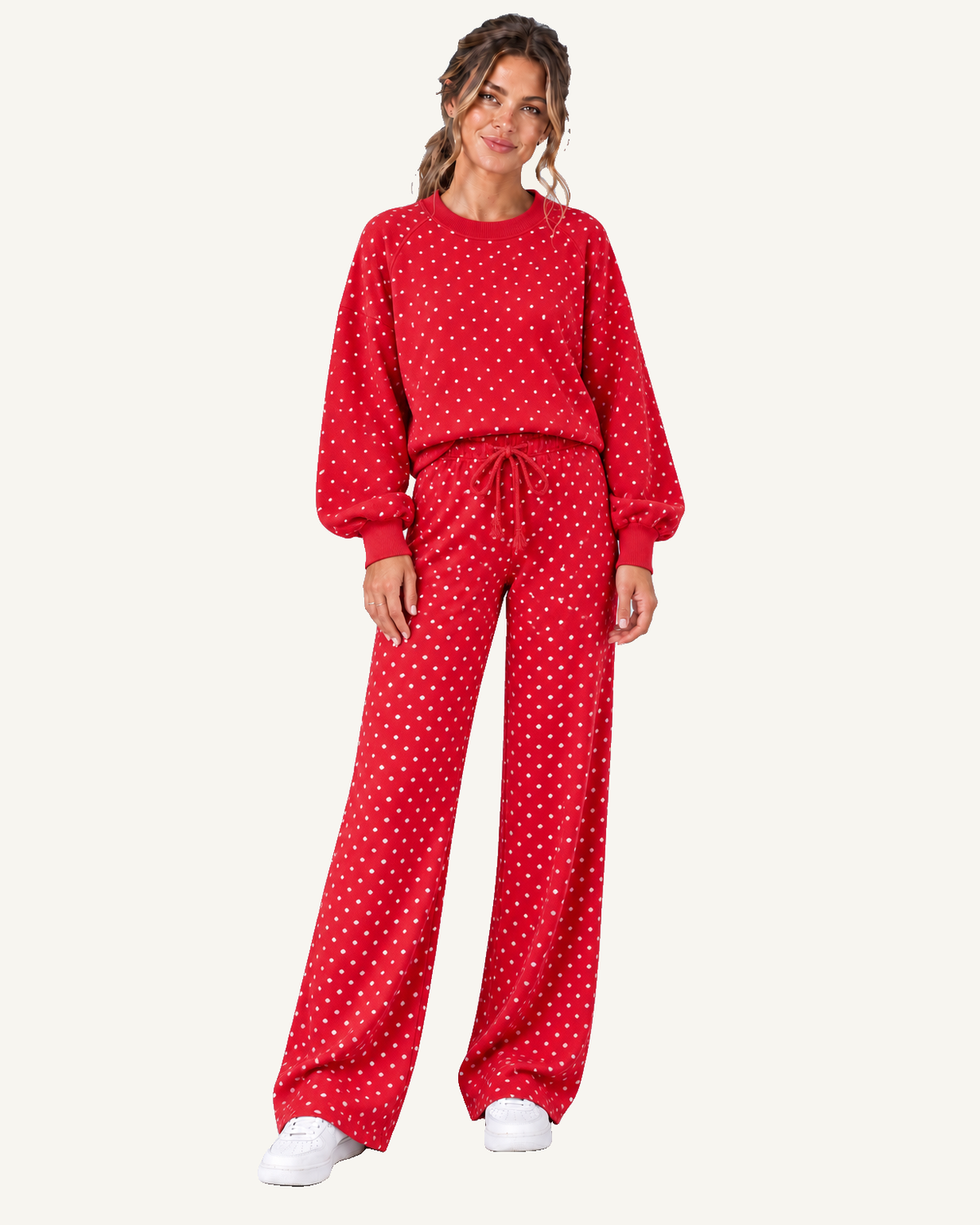 Red Polka Dot Print Exposed Seam Patchwork 2pcs Pullover and Pants Set PREORDER ETA 3 WEEKS — ivory studio background