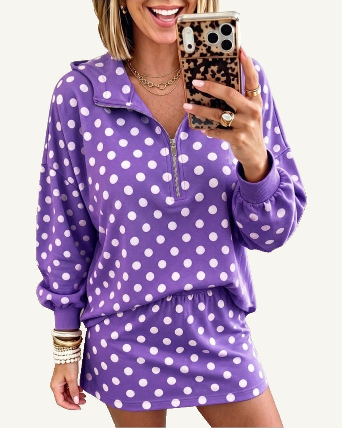 Purple Polka Dot Hooded Long Sleeve Top Casual Mini Skort Set PREORDER ETA 3 WEEKS — ivory studio background