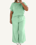 Clearly Aqua Solid Color Ribbed Trim Short Sleeve Top Drawstring Loose Pants 2pcs Outfit PREORDER ETA 3 WEEKS — ivory studio background