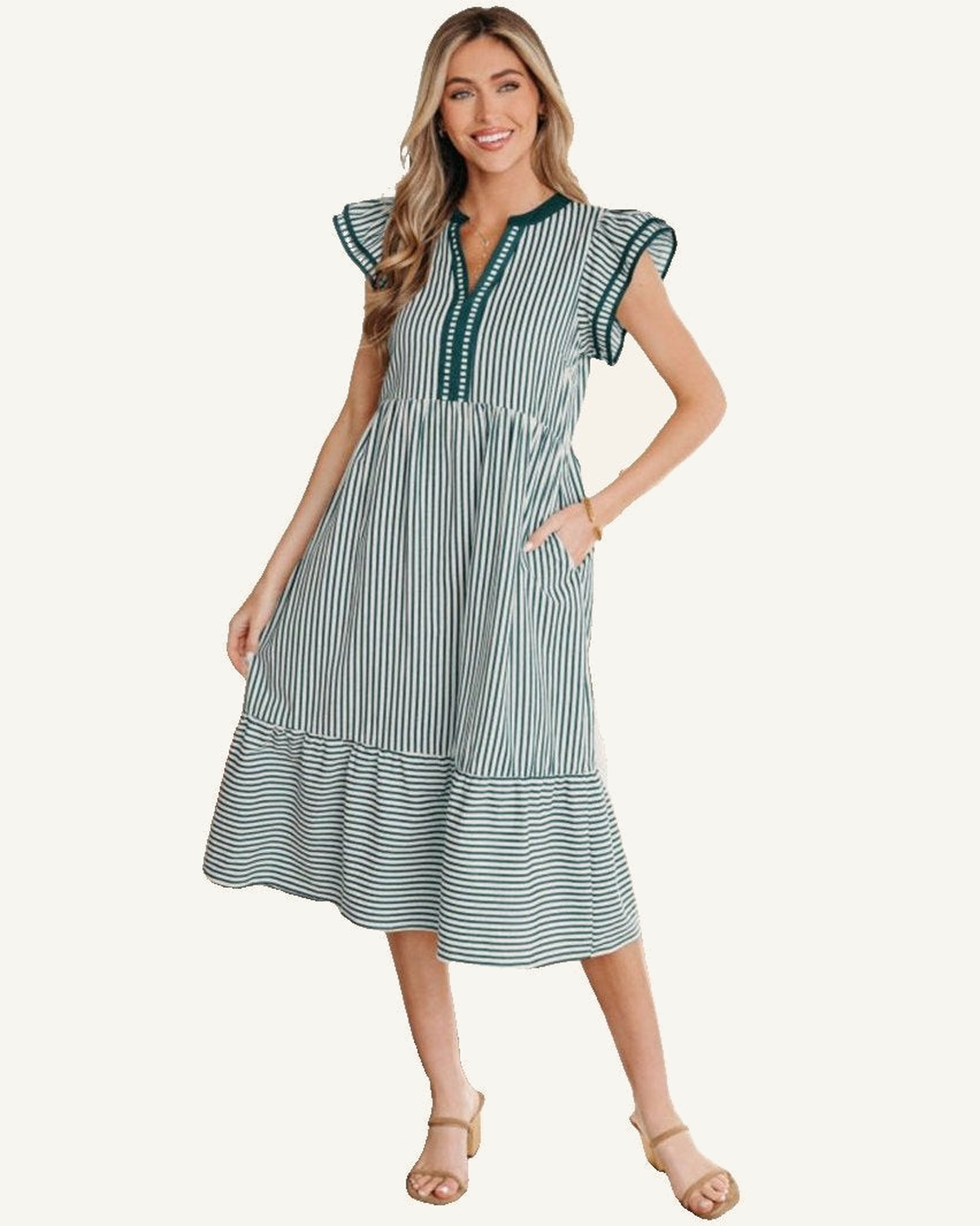 Green Stripe Double Ruffled Short Sleeve Contrast Trim V Neck Midi Dress PREORDER ETA 3 WEEKS — ivory studio background