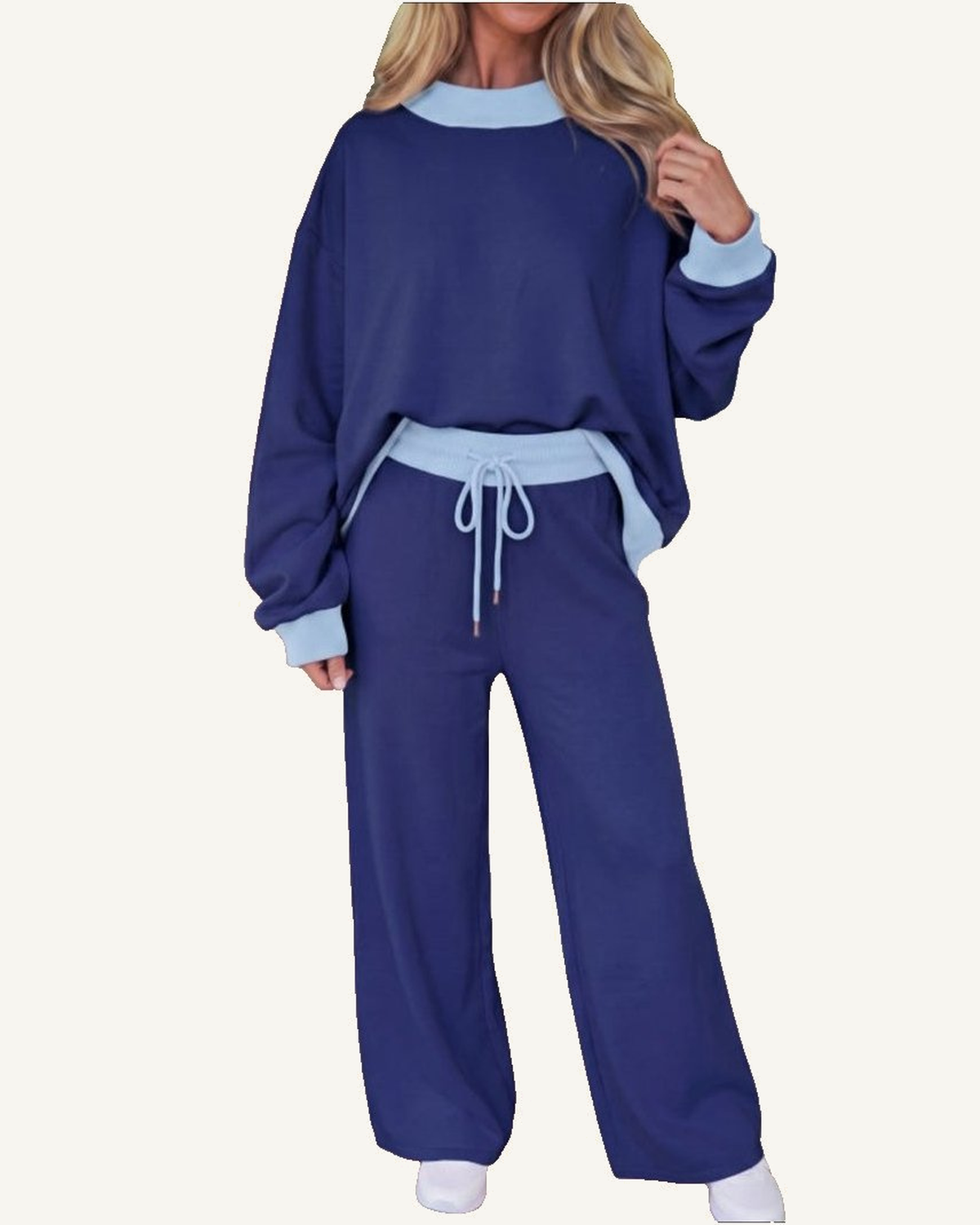 Dirty Blue Color Block Trim Long Sleeve Pullover Drawstring Shift Pants Set PREORDER ETA 3 WEEKS — ivory studio background