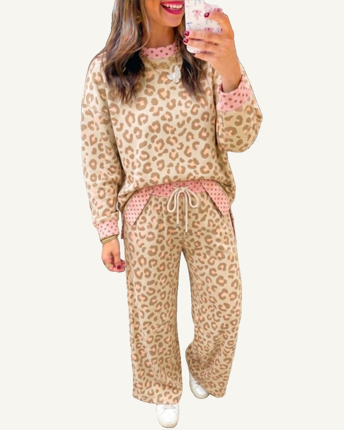 Khaki Leopard Polka Dot Two Piece Pants Set PREORDER ETA 3 WEEKS — ivory studio background