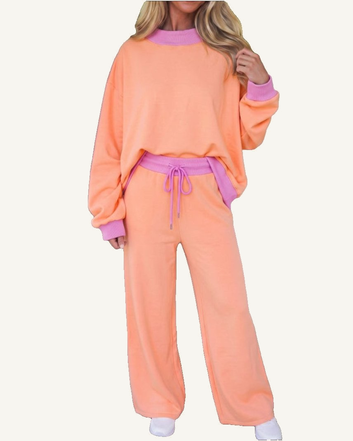 Grapefruit Orange Color Block Trim Long Sleeve Pullover Drawstring Shift Pants Set PREORDER ETA 3 WEEKS — ivory studio background