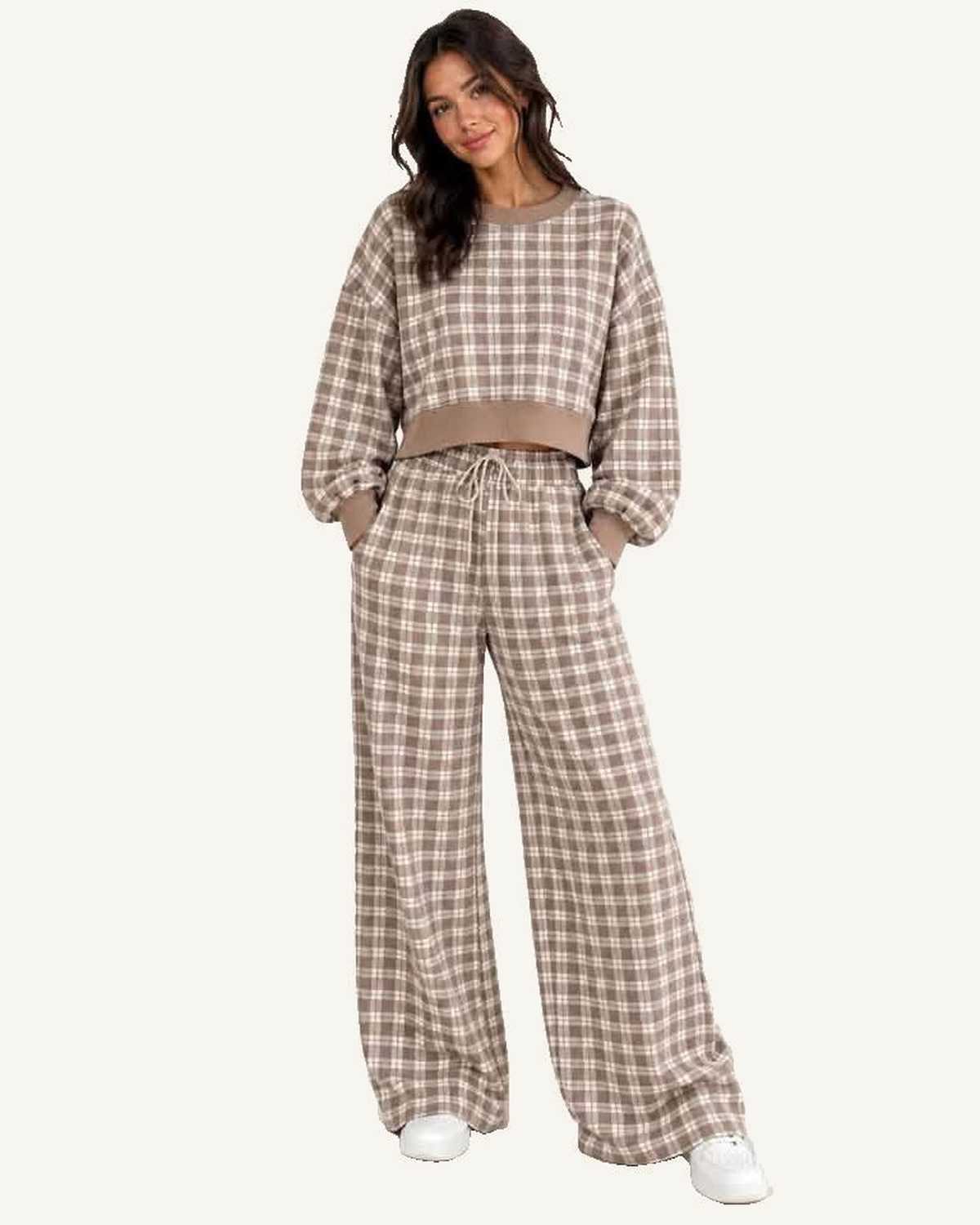 Khaki Plaid Long Sleeve Drop Shoulder Copped Top Ribbed Color Block Trim Two Piece Pants Set PREORDER ETA 3 WEEKS — ivory studio background