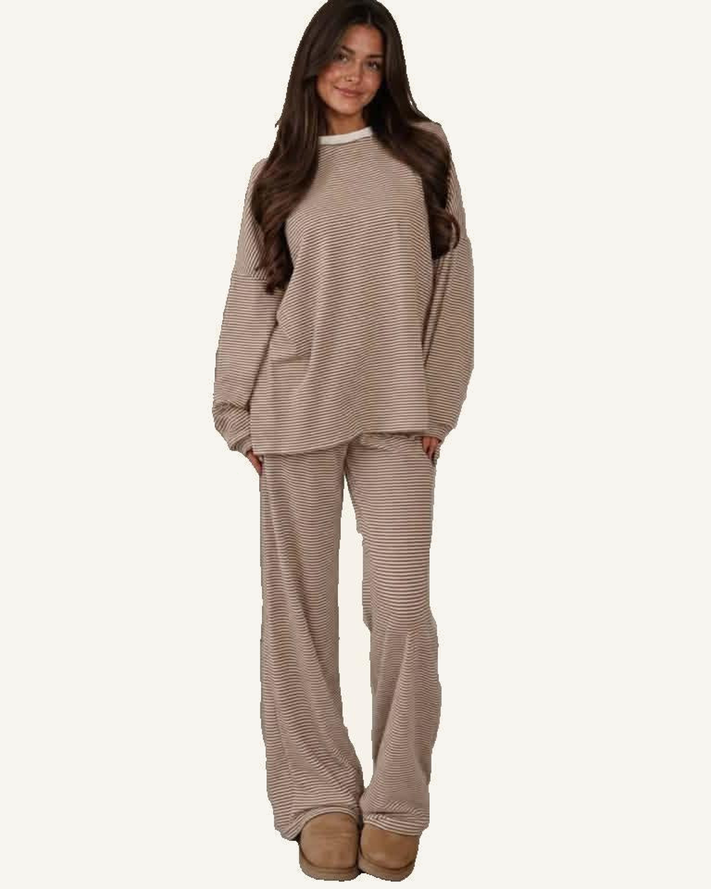 Beige Stripe Contrast Trim Oversized Top & Wide-Leg Pant Set PREORDER ETA 3 WEEKS — ivory studio background