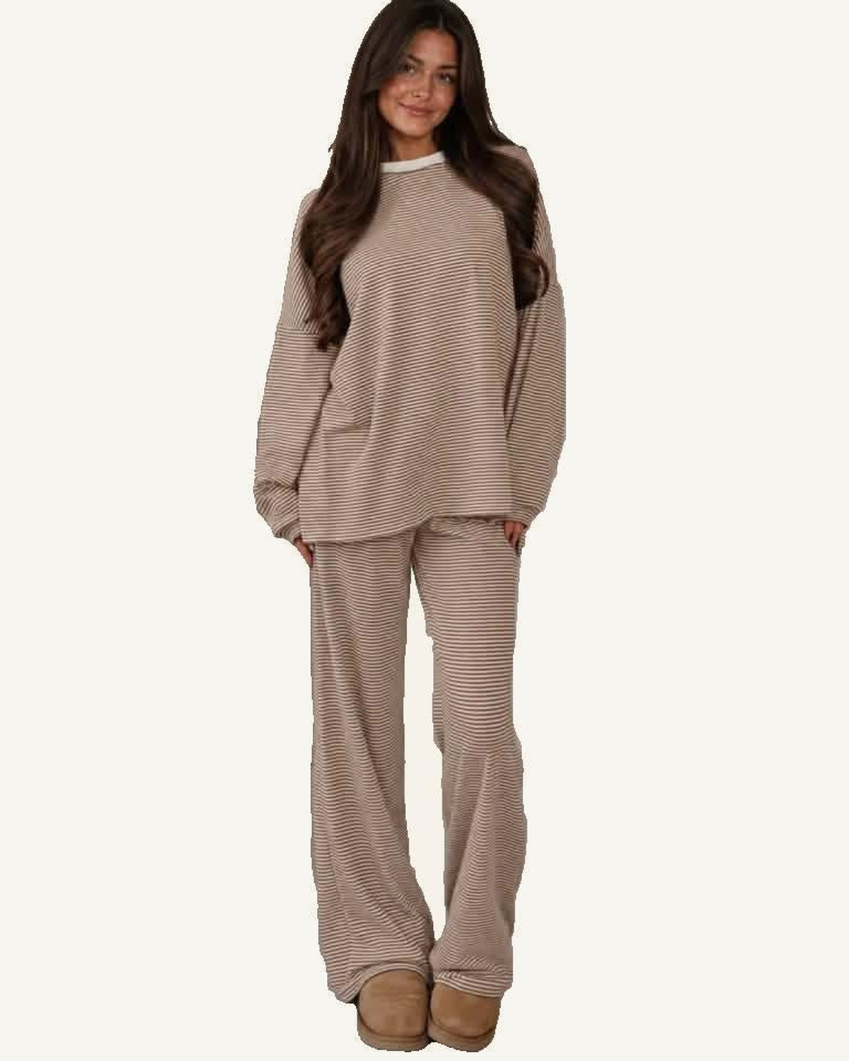 Beige Stripe Contrast Trim Oversized Top & Wide-Leg Pant Set PREORDER ETA 3 WEEKS — ivory studio background