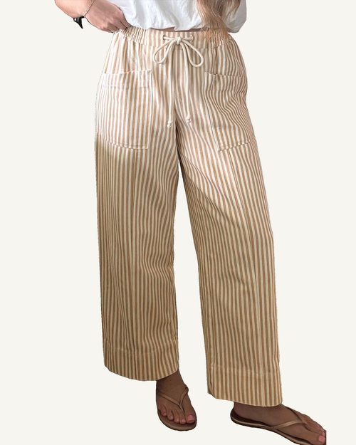 Apricot Stripe Ribbon Drawstring Waist Full-Length Shift Pant — ivory studio background