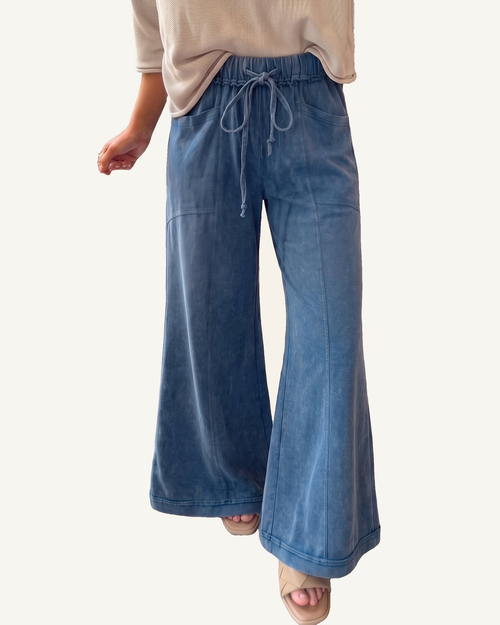 Ashleigh Blue Mineral Wash Seam Detail Flare Leg Drawstring Pants — ivory studio background