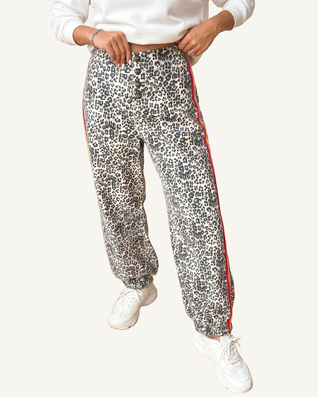 Brown Leopard Print Rainbow Striped Detail Buttoned Loose Jogger Jeans — ivory studio background