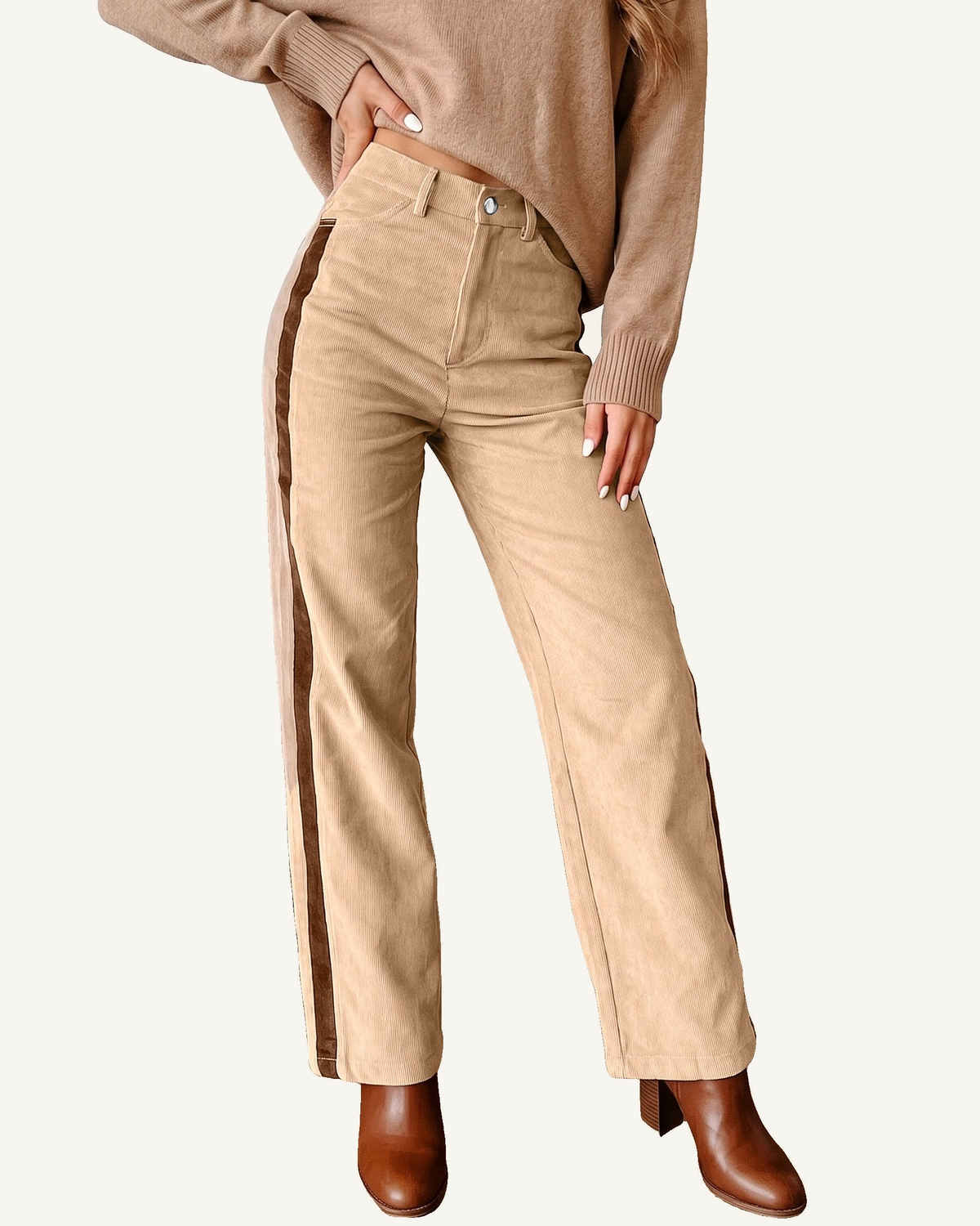 Smoke Gray Corduroy Side Panel Colorblock Straight Leg Pants — ivory studio background