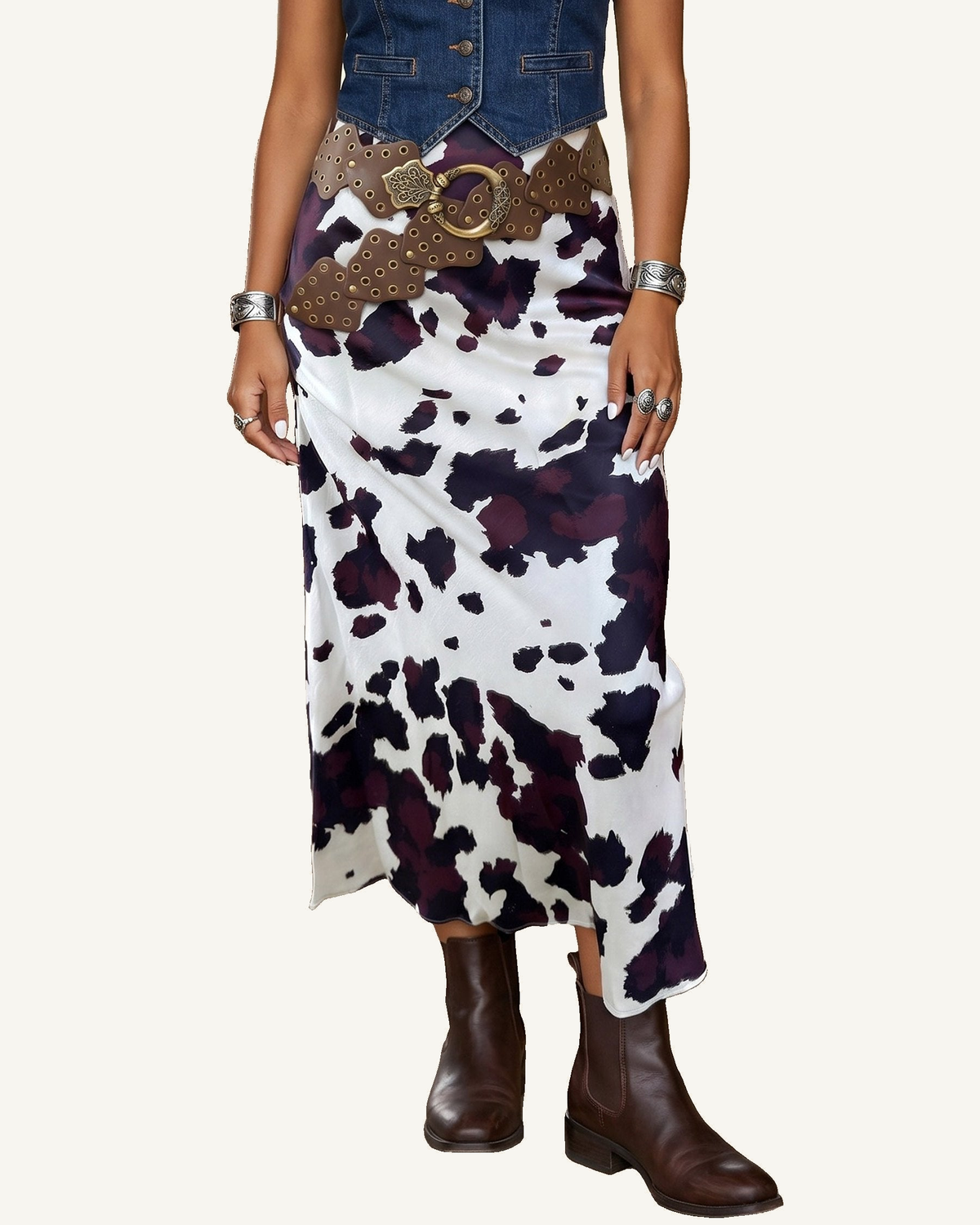 Brown Abstract Print Western Long Metal Zip-Up Waist Daily Wear Skirt — ivory studio background