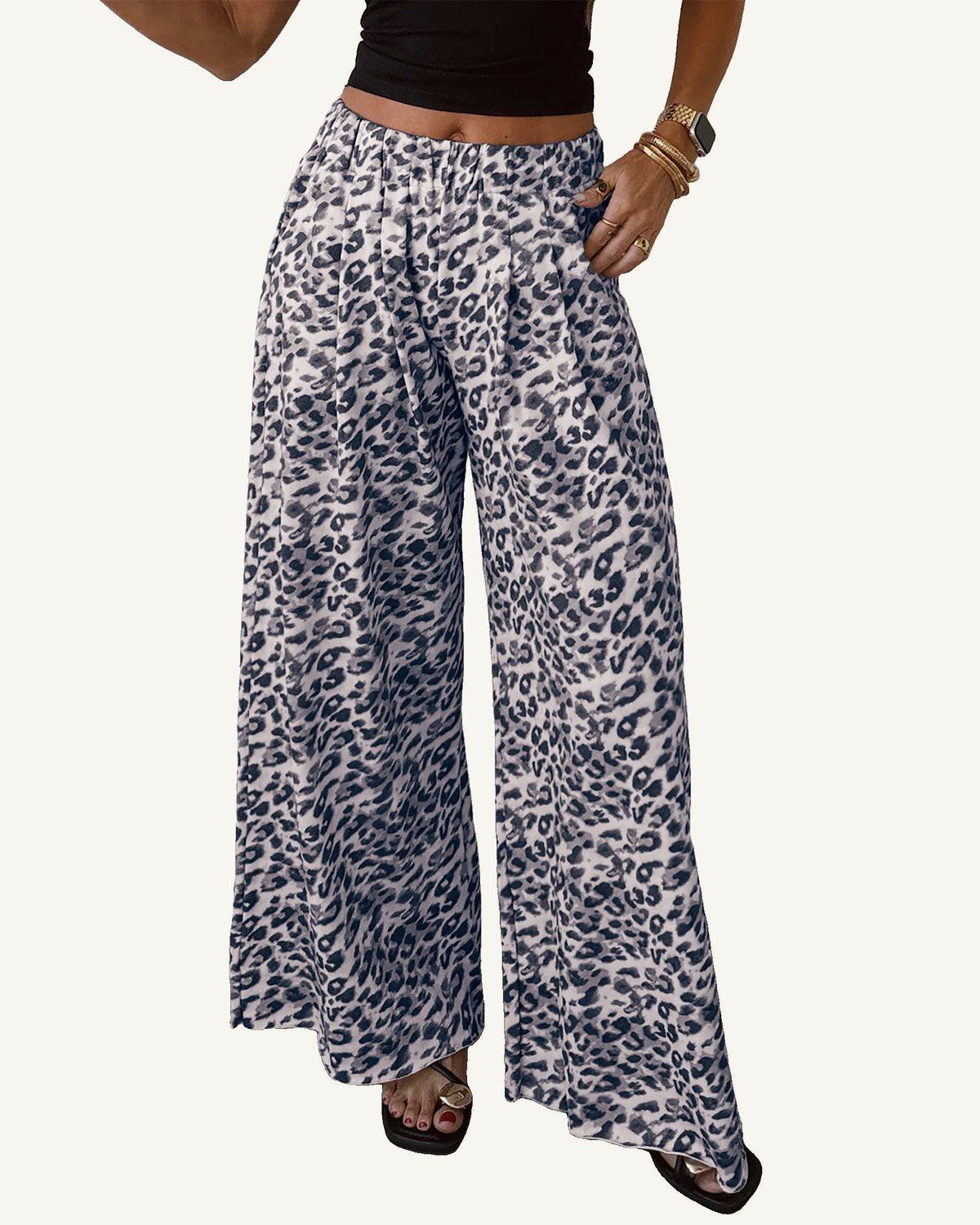 Multicolour Leopard Print Wide Leg Full Length Pants — ivory studio background