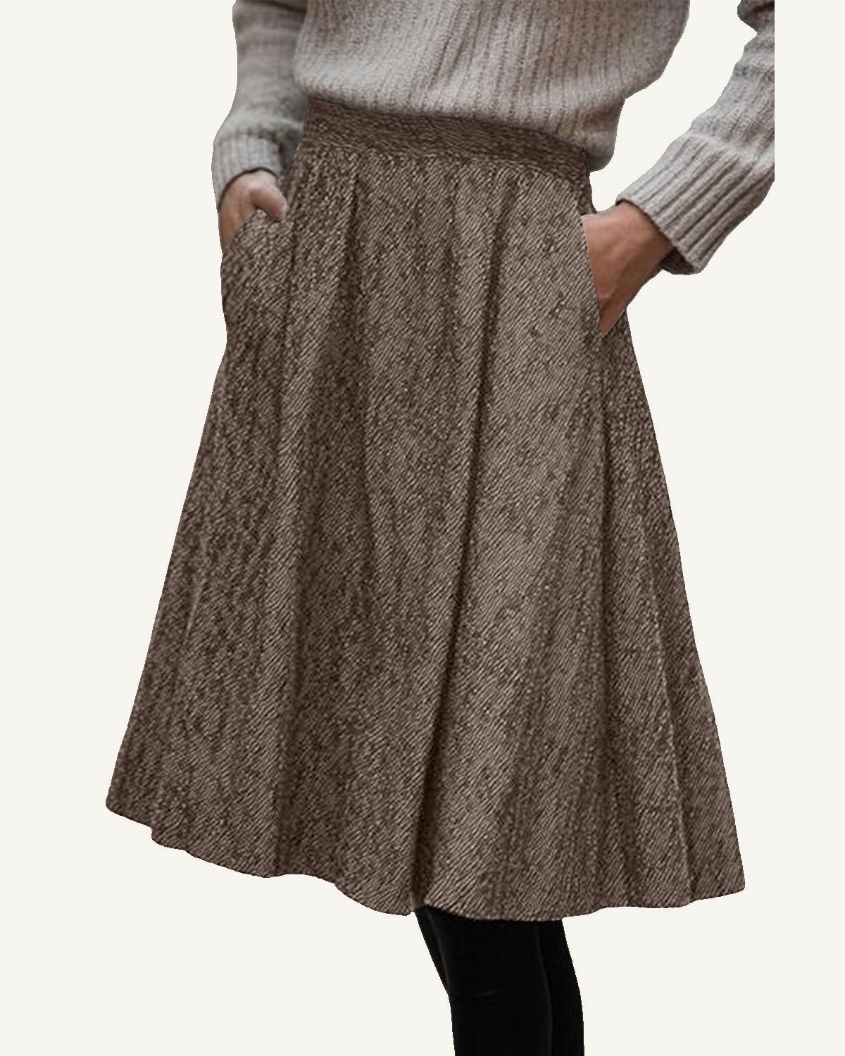Brown Solid Color Textured Pleated Midi Skirt — ivory studio background