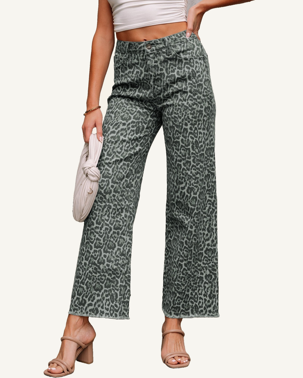 Gray Leopard Frayed Edge Wide Leg High Waist Jeans — ivory studio background